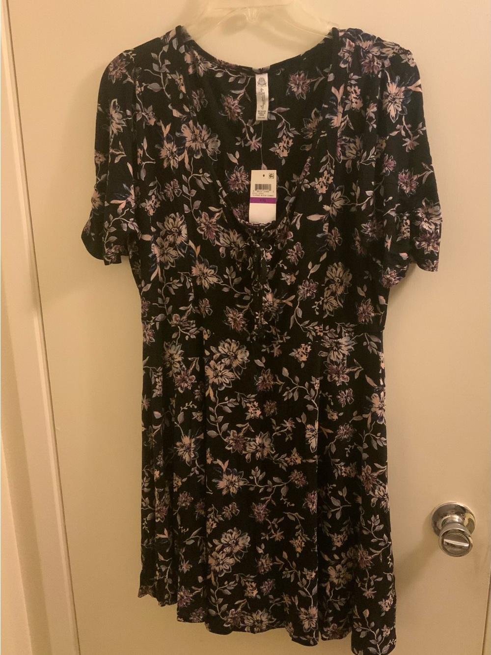 American Rag 90s/Y2K Inspired Black Mini Dress with Lavender Floral Print
